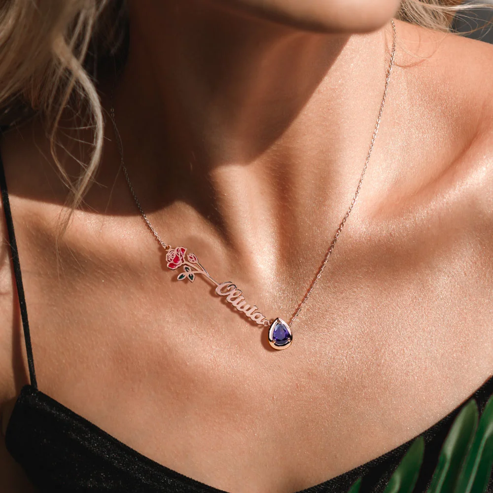 Personalized Necklace for Women with Stone Name and Birth Flower Birthday Gift - Rosegold