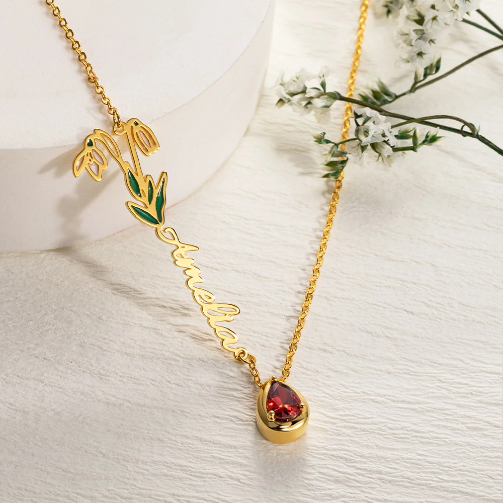 Personalized Necklace for Women with Stone Name and Birth Flower Birthday Gift - Rosegold