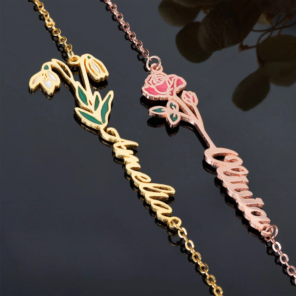 Personalized Necklace for Women with Stone Name and Birth Flower Birthday Gift - Rosegold